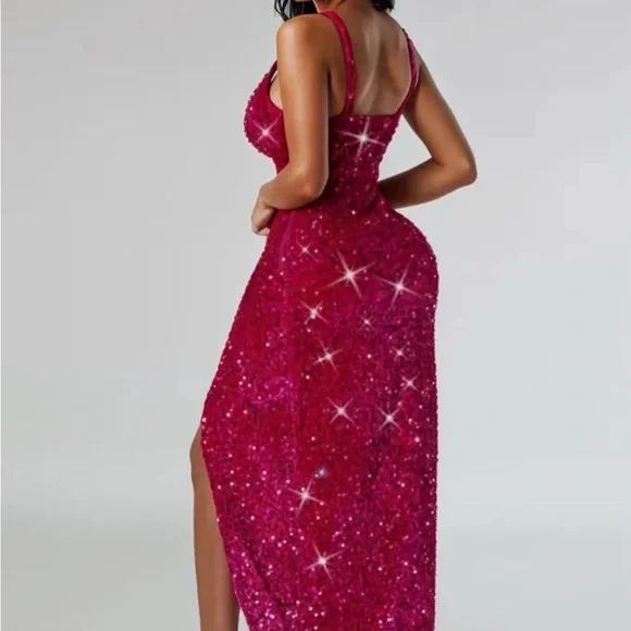 Pink Sequin Bodycon Gown with Plunge Neckline - Picture 2 of 3